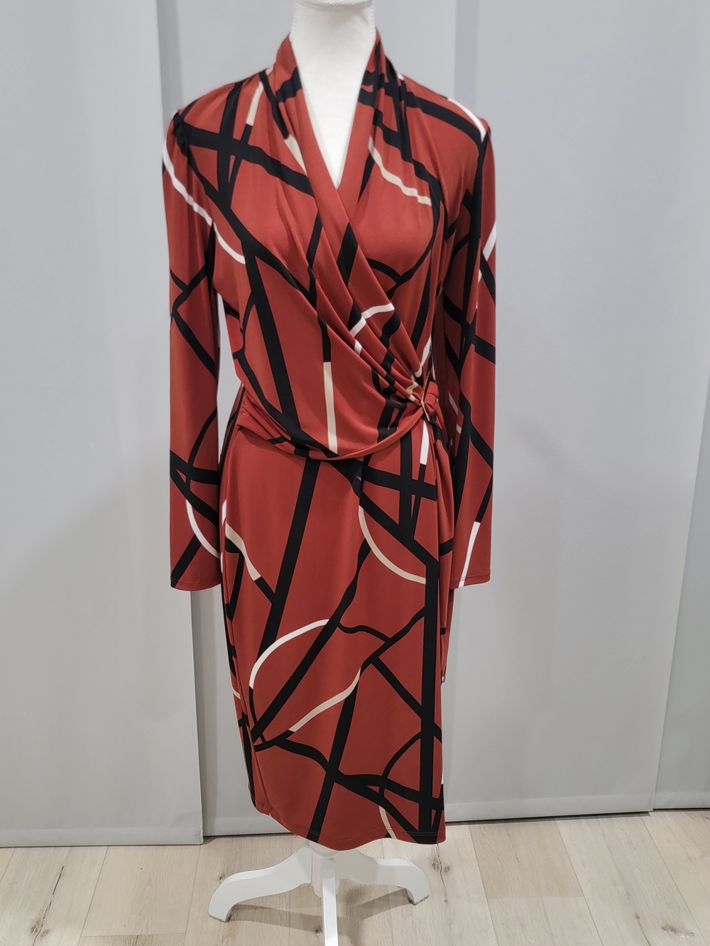 Joseph Ribkoff Rust Geometric Wrap Midi Dress